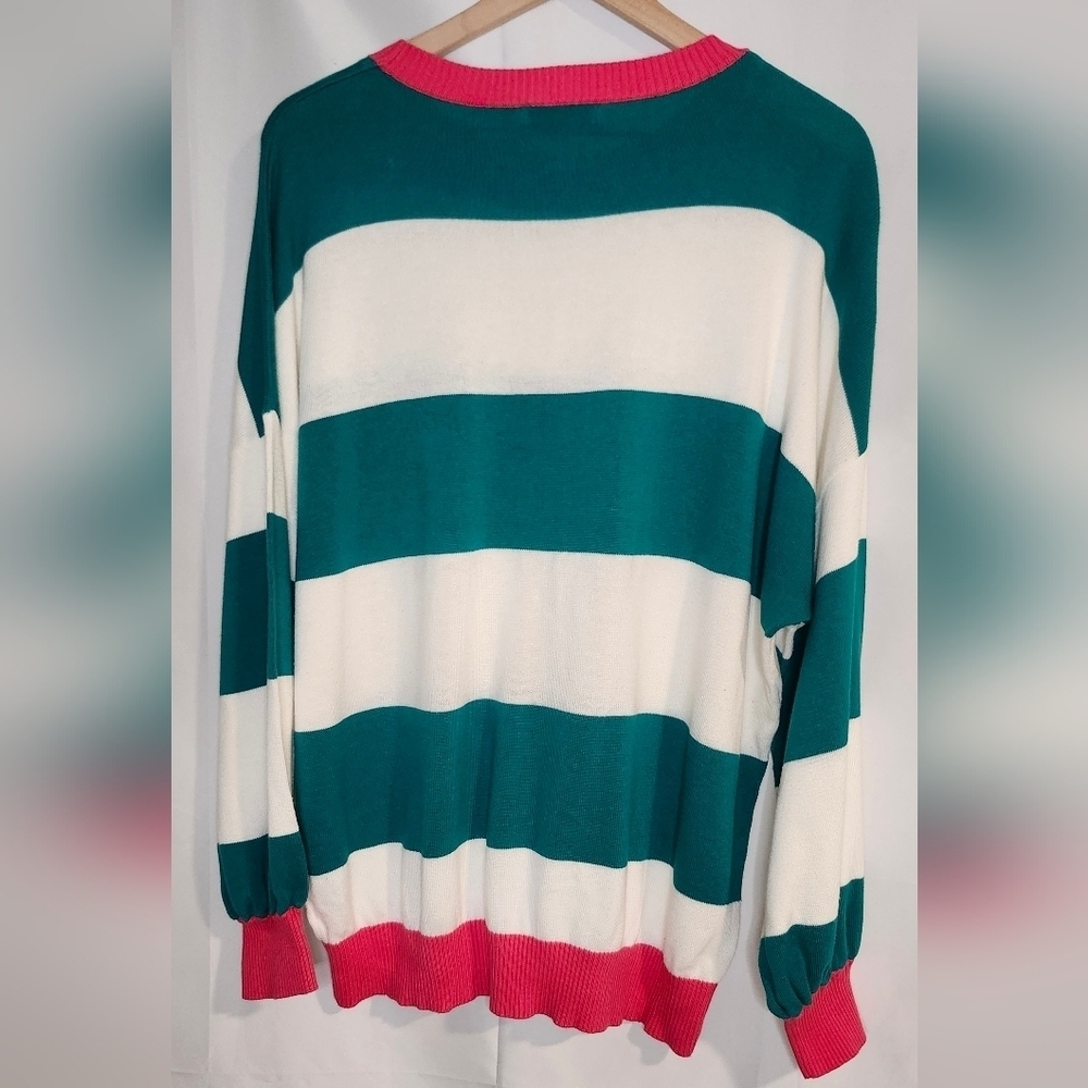 Andree By Unit Womens Teal Pink Striped‎ Sweater Size 1X Coastal Prep Nautical - Picture 8 of 8